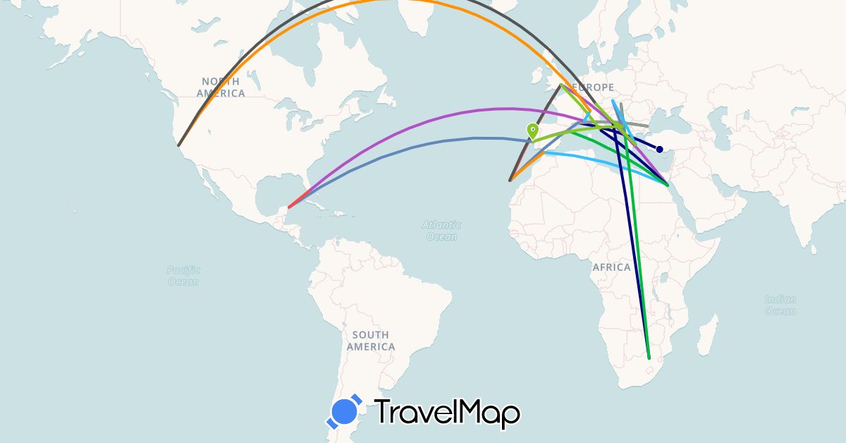 TravelMap itinerary: driving, bus, plane, cycling, train, hiking, boat, hitchhiking, motorbike, electric vehicle in Albania, Austria, Bulgaria, Germany, Egypt, Spain, France, United Kingdom, Greece, Croatia, Hungary, Italy, Montenegro, Mexico, Portugal, Turkey, United States, South Africa (Africa, Asia, Europe, North America)